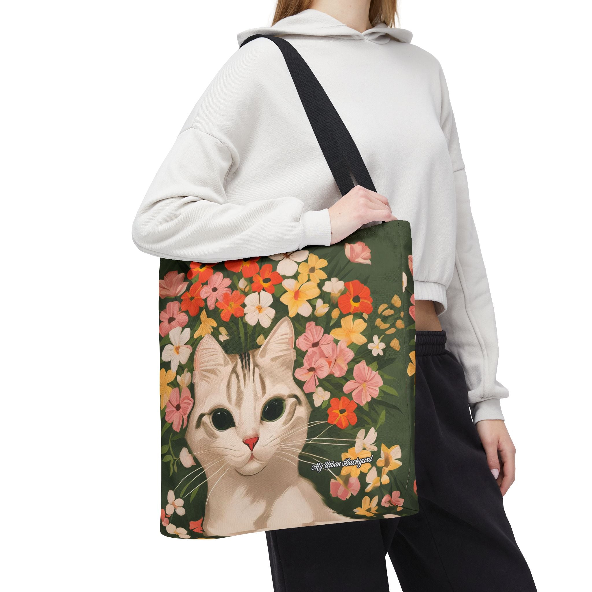 White Cat with Flowers Tote Bag with Cotton Handles For Everyday Use, 3 Sizes