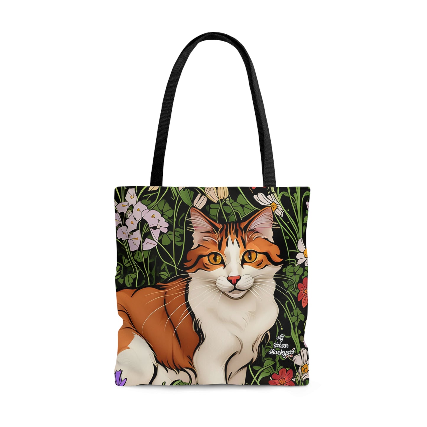 Orange Cat with Flowers, Tote Bag for Everyday Use - Durable and Functional