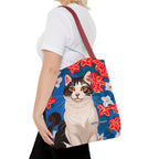 Cat with Red and White Flowers, Tote Bag with Cotton Handles For Everyday Use, 3 Sizes
