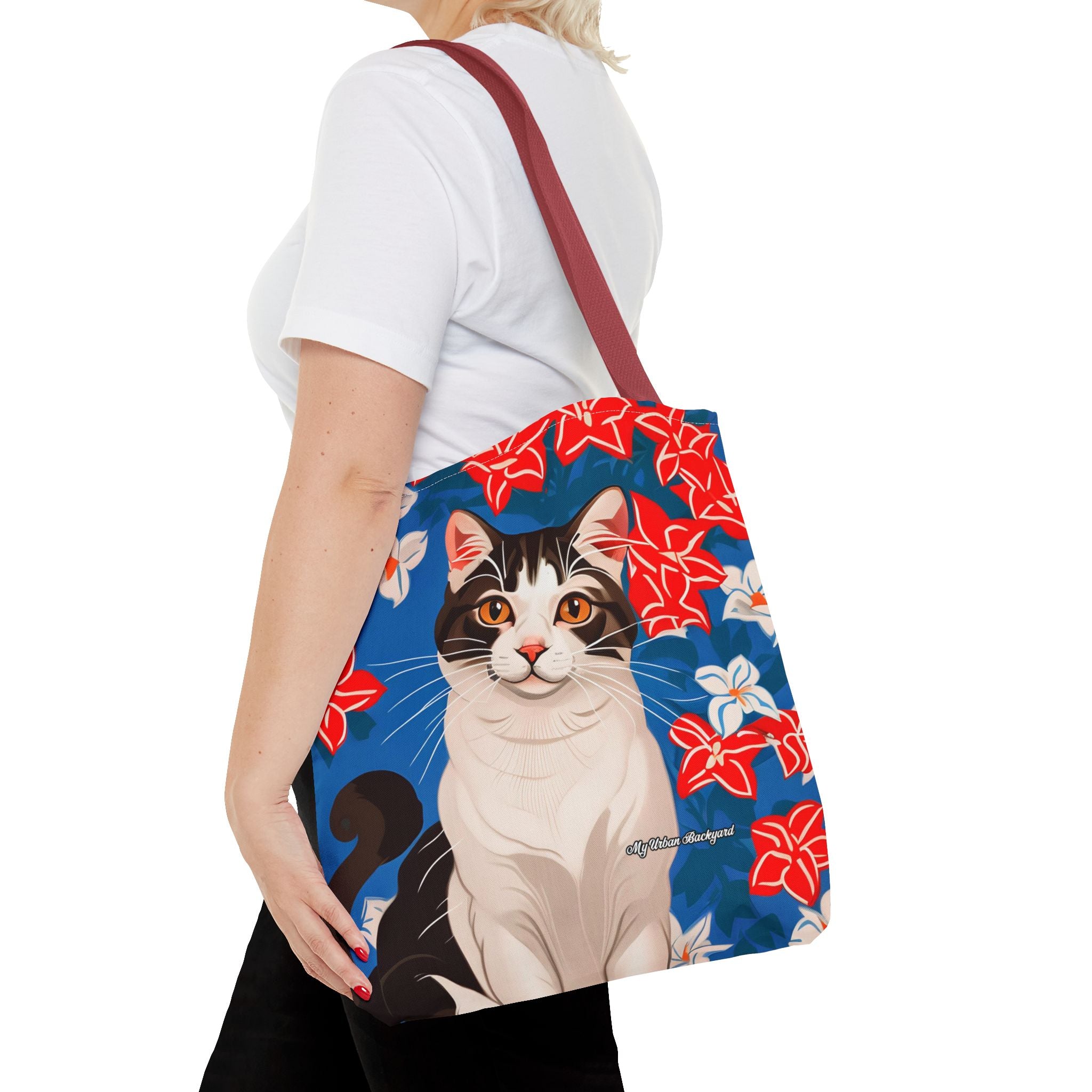 Cat with Red and White Flowers, Tote Bag with Cotton Handles For Everyday Use, 3 Sizes