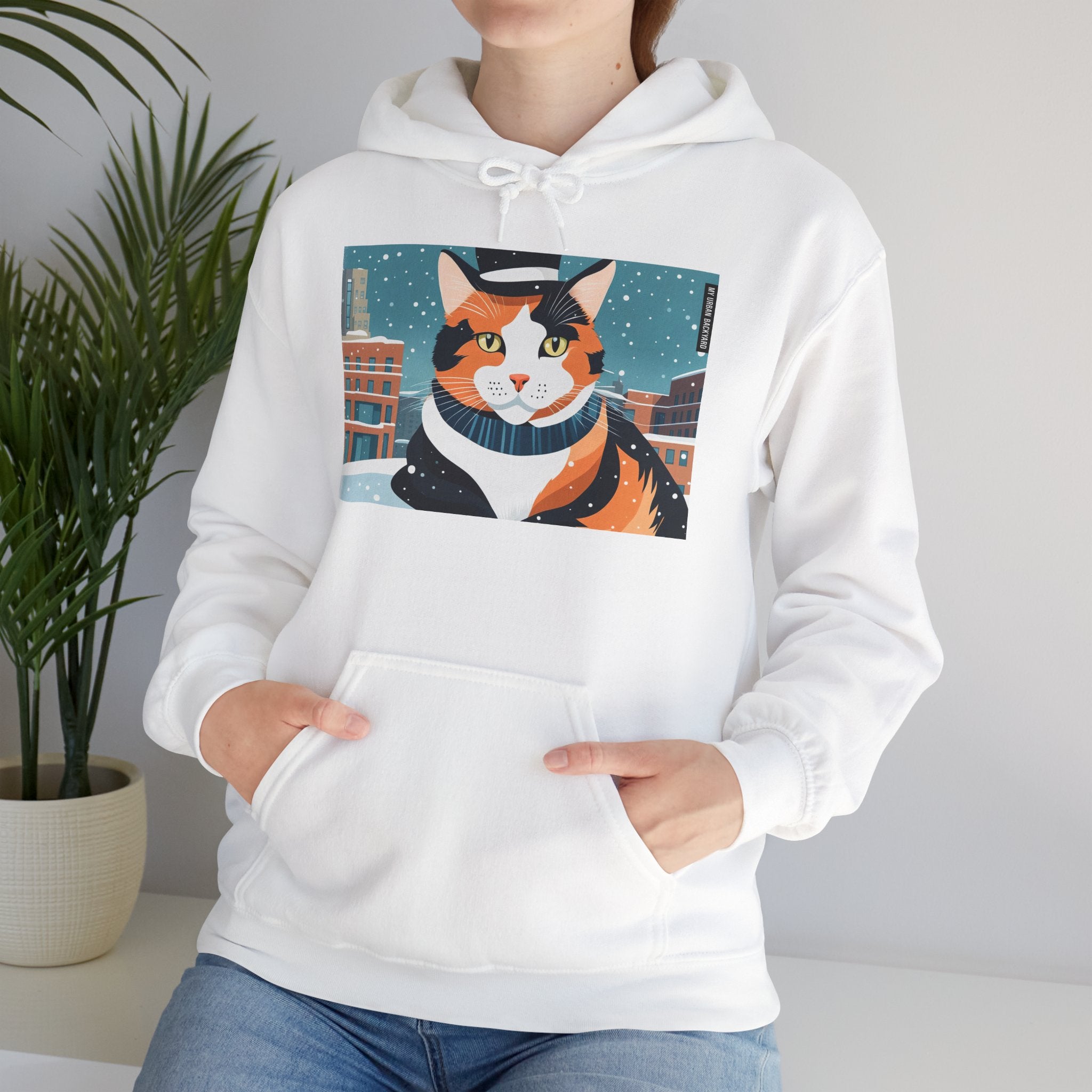 Calico Cat in Snow Hoodie — Cozy Winter Cat Lover Sweatshirt
