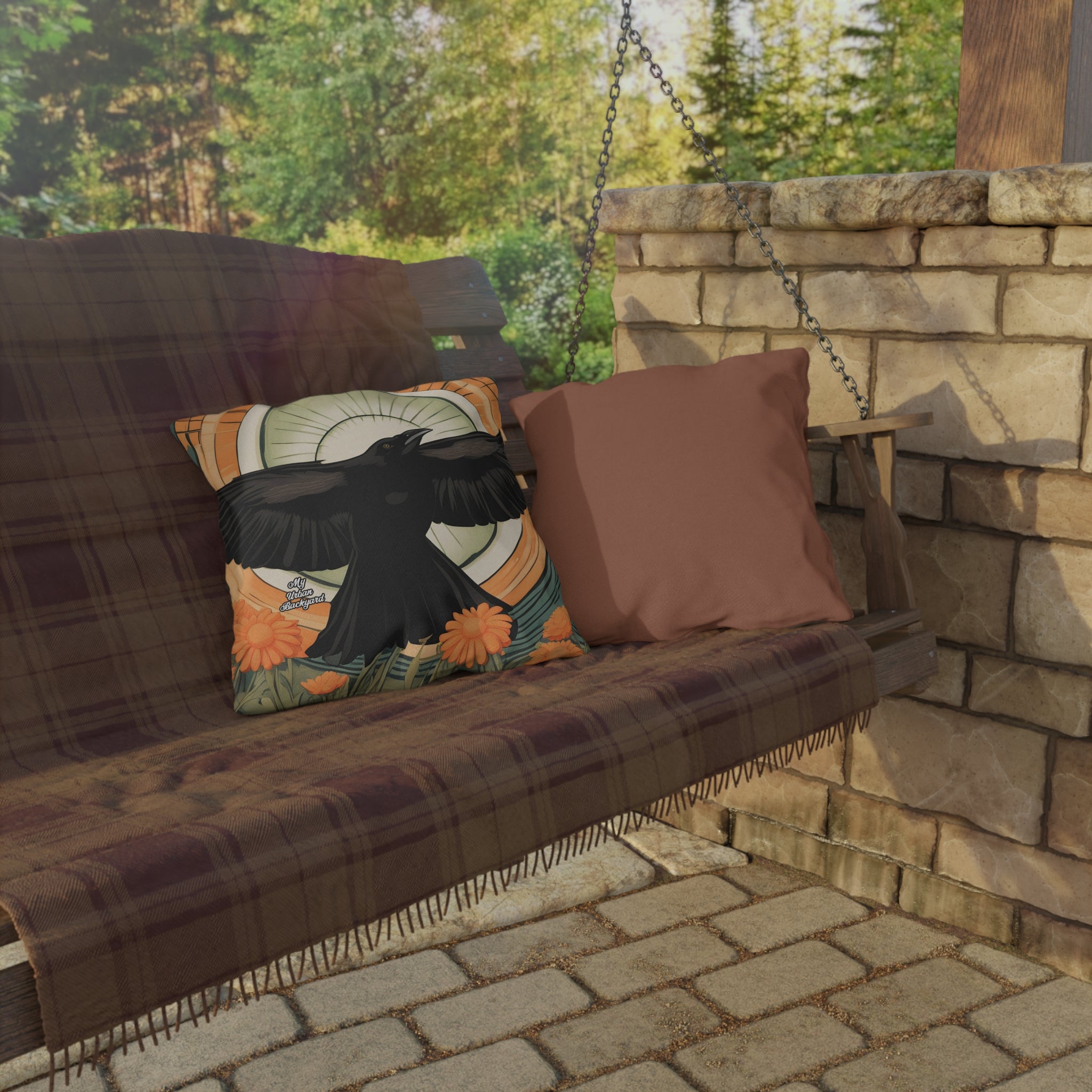 Flying Crow, Terracotta accent color, Throw Pillow