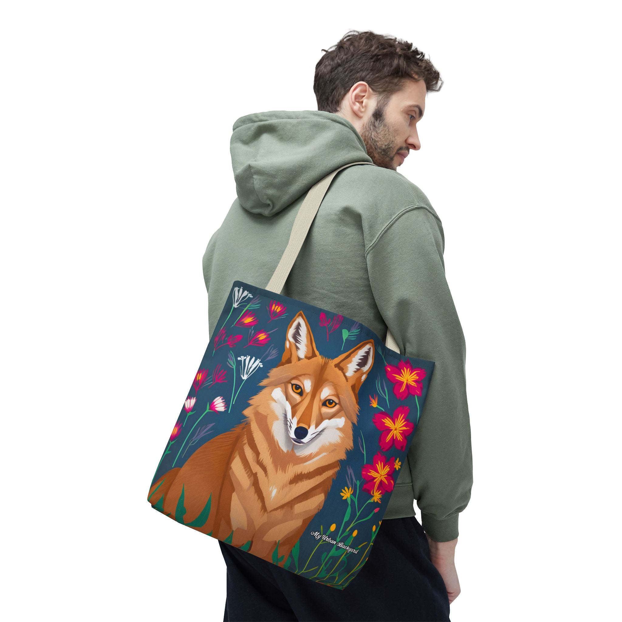 Coyote w Red Flowers Tote Bag with Cotton Handles For Everyday Use, 3 Sizes