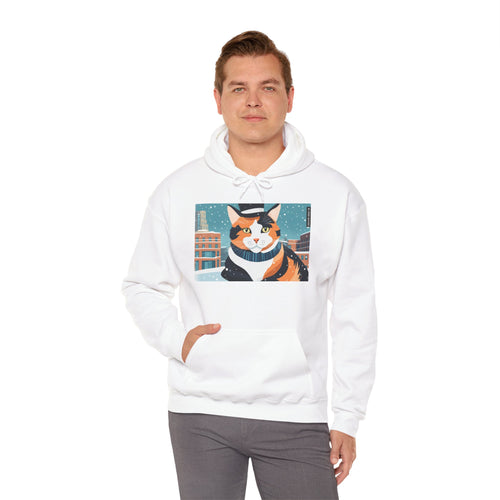 Calico Cat in Snow, Unisex Hoodie w Front Pocket