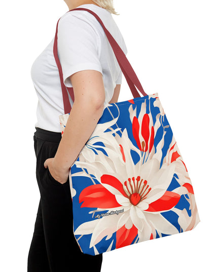 Red White & Blue Flowers Tote Bag with Cotton Handles For Everyday Use, 3 Sizes