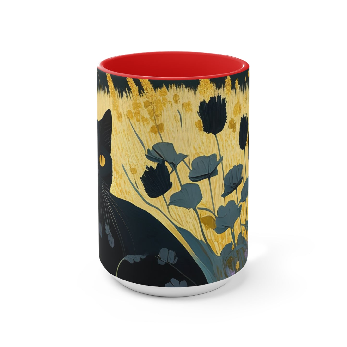 Black Cat with Black Flowers, Ceramic Mug - Perfect for Coffee, Tea, and More!