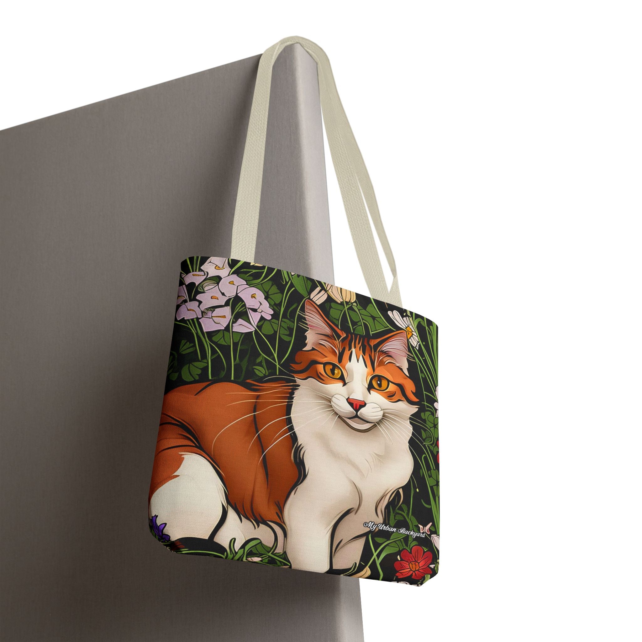 Orange Cat with Flowers Tote Bag with Cotton Handles For Everyday Use, 3 Sizes