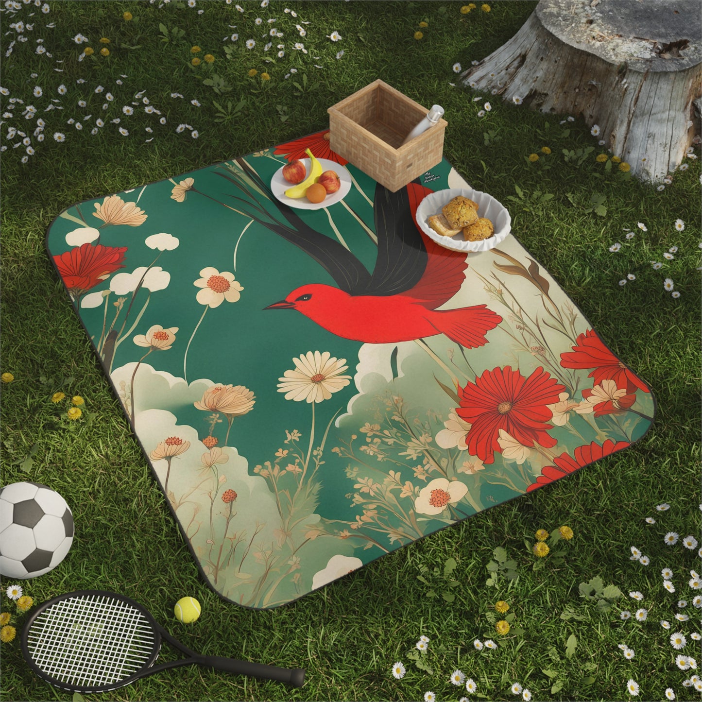 Outdoor Picnic Blanket with Soft Fleece Top and Water-Resistant Bottom - Red Bird