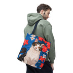 Cat with Red and White Flowers, Tote Bag with Cotton Handles For Everyday Use, 3 Sizes