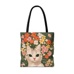 White Cat with Flowers Tote Bag with Cotton Handles For Everyday Use, 3 Sizes