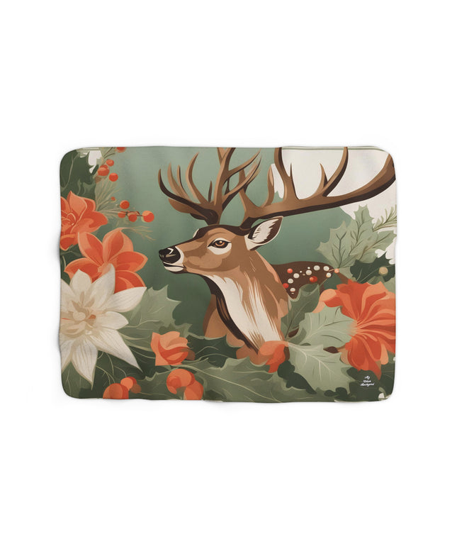 Deer with Holiday Flowers, Sherpa Fleece Blanket for Cozy Warmth, 50"x60"