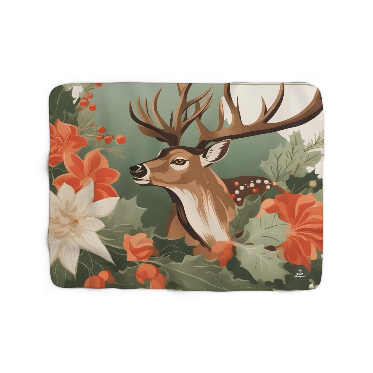 Deer with Holiday Flowers, Sherpa Fleece Blanket for Cozy Warmth, 50"x60"