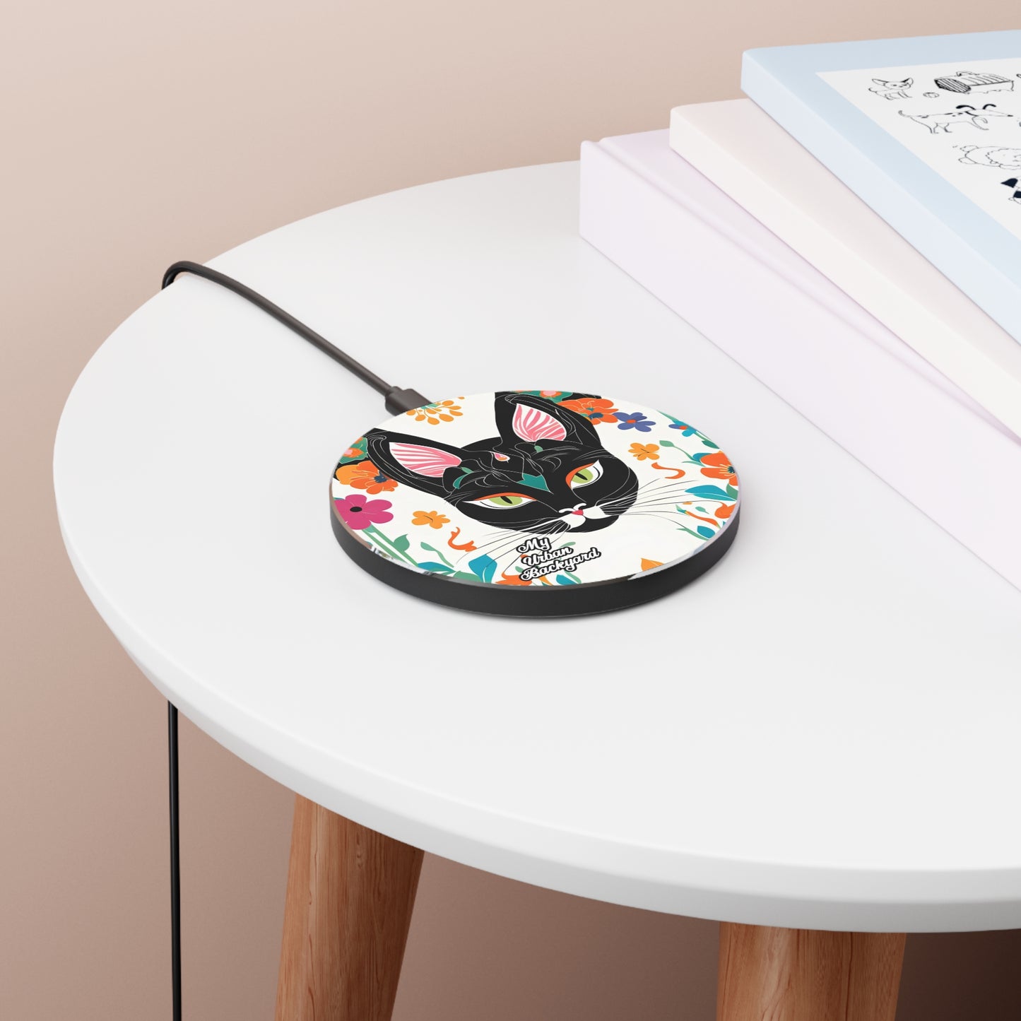 Black Cat with Green Eyes and Flowers, 10W Wireless Charger for iPhone, Android, Earbuds
