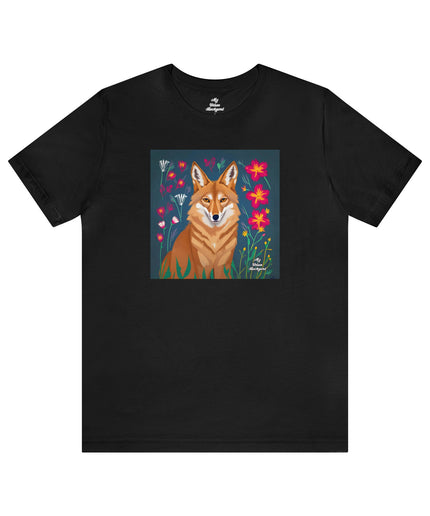 Coyote w Red Flowers, Soft 100% Jersey Cotton T-Shirt, Unisex, Short Sleeve, Retail Fit