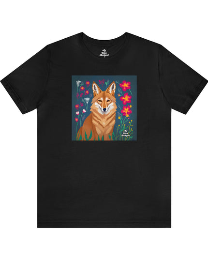 Coyote w Red Flowers, Soft 100% Jersey Cotton T-Shirt, Unisex, Short Sleeve, Retail Fit