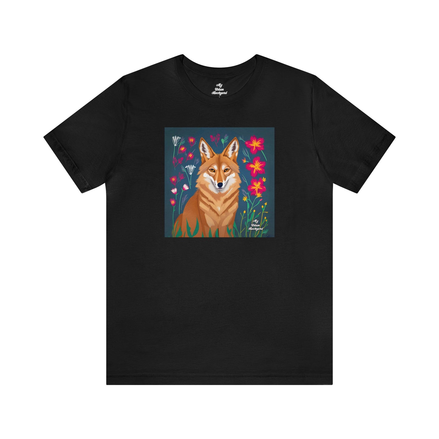 Coyote w Red Flowers, Soft 100% Jersey Cotton T-Shirt, Unisex, Short Sleeve, Retail Fit