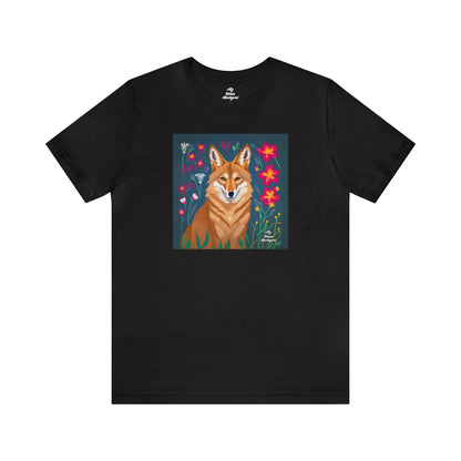 Coyote w Red Flowers, Soft 100% Jersey Cotton T-Shirt, Unisex, Short Sleeve, Retail Fit