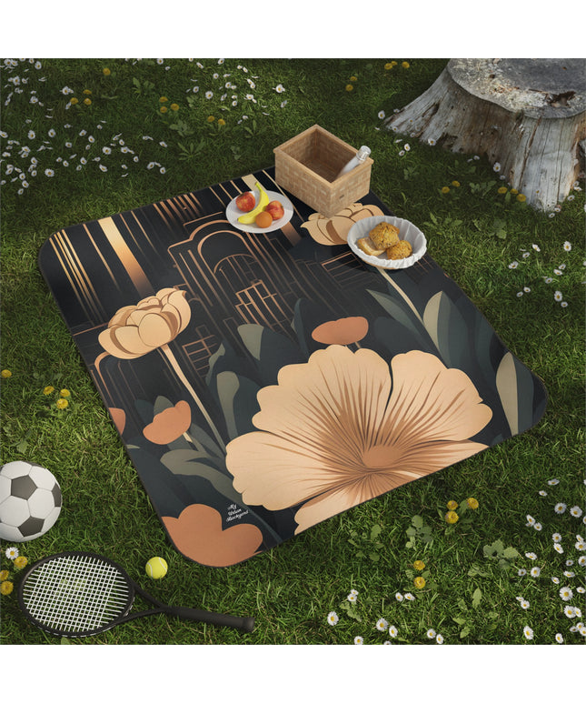 Flowers with Art Deco Building, Outdoor Picnic Blanket with Soft Fleece Top, Water-Resistant Bottom, 51" × 61"