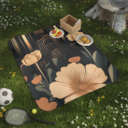 Flowers with Art Deco Building, Outdoor Picnic Blanket with Soft Fleece Top, Water-Resistant Bottom, 51" × 61"