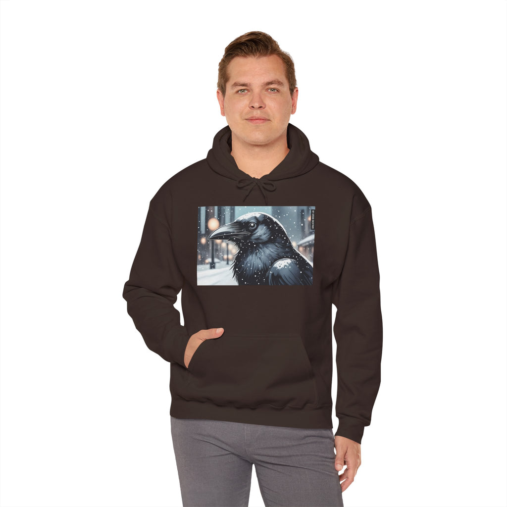 Urban Crow In Falling Snow Hoodie — Comfy Winter Graphic Hoodie