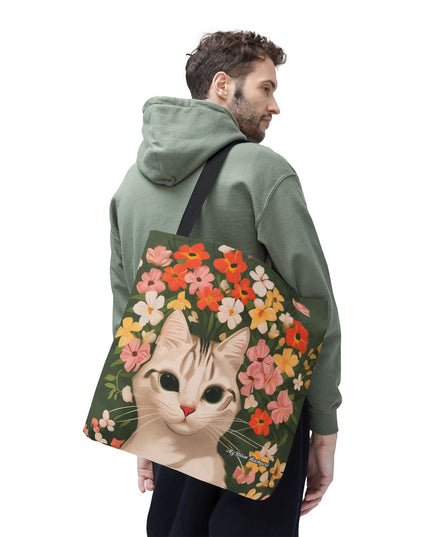 White Cat with Flowers Tote Bag with Cotton Handles For Everyday Use, 3 Sizes