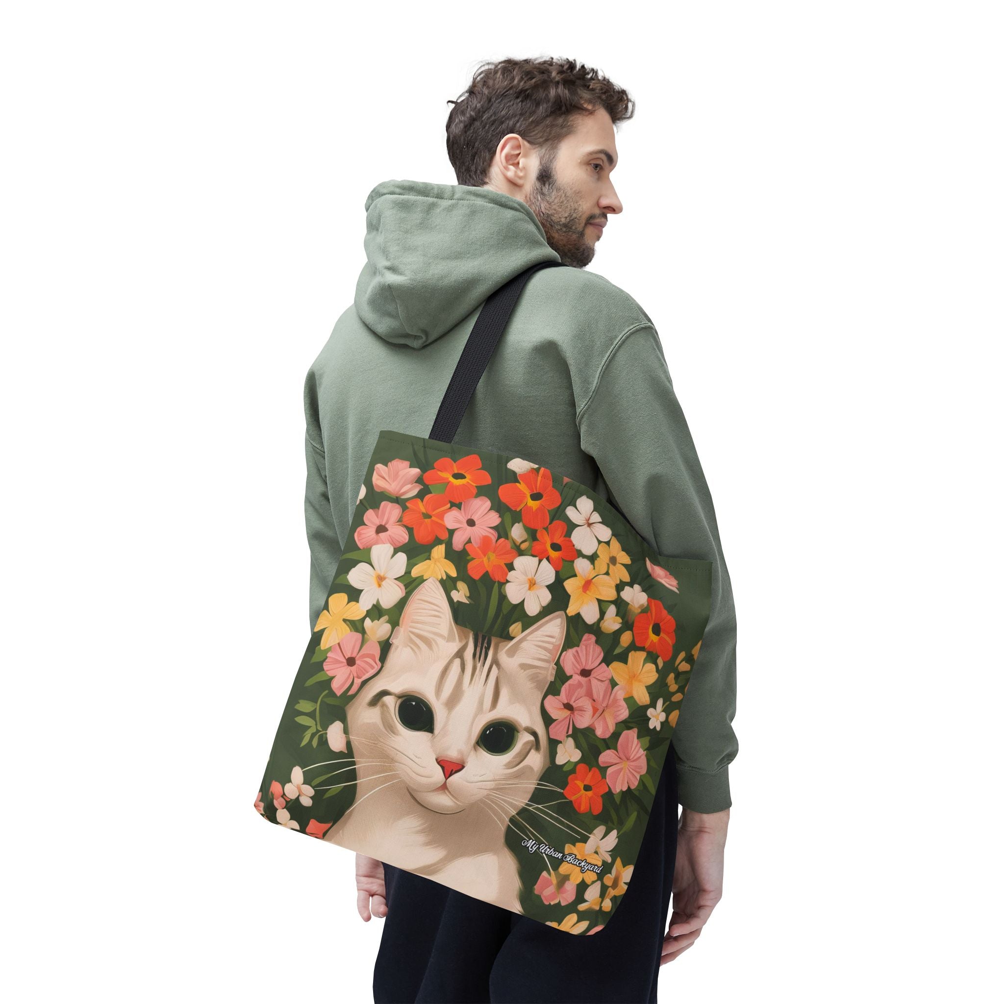 White Cat with Flowers Tote Bag with Cotton Handles For Everyday Use, 3 Sizes