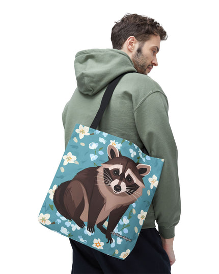 Young Raccoon w Flowers Tote Bag with Cotton Handles For Everyday Use, 3 Sizes