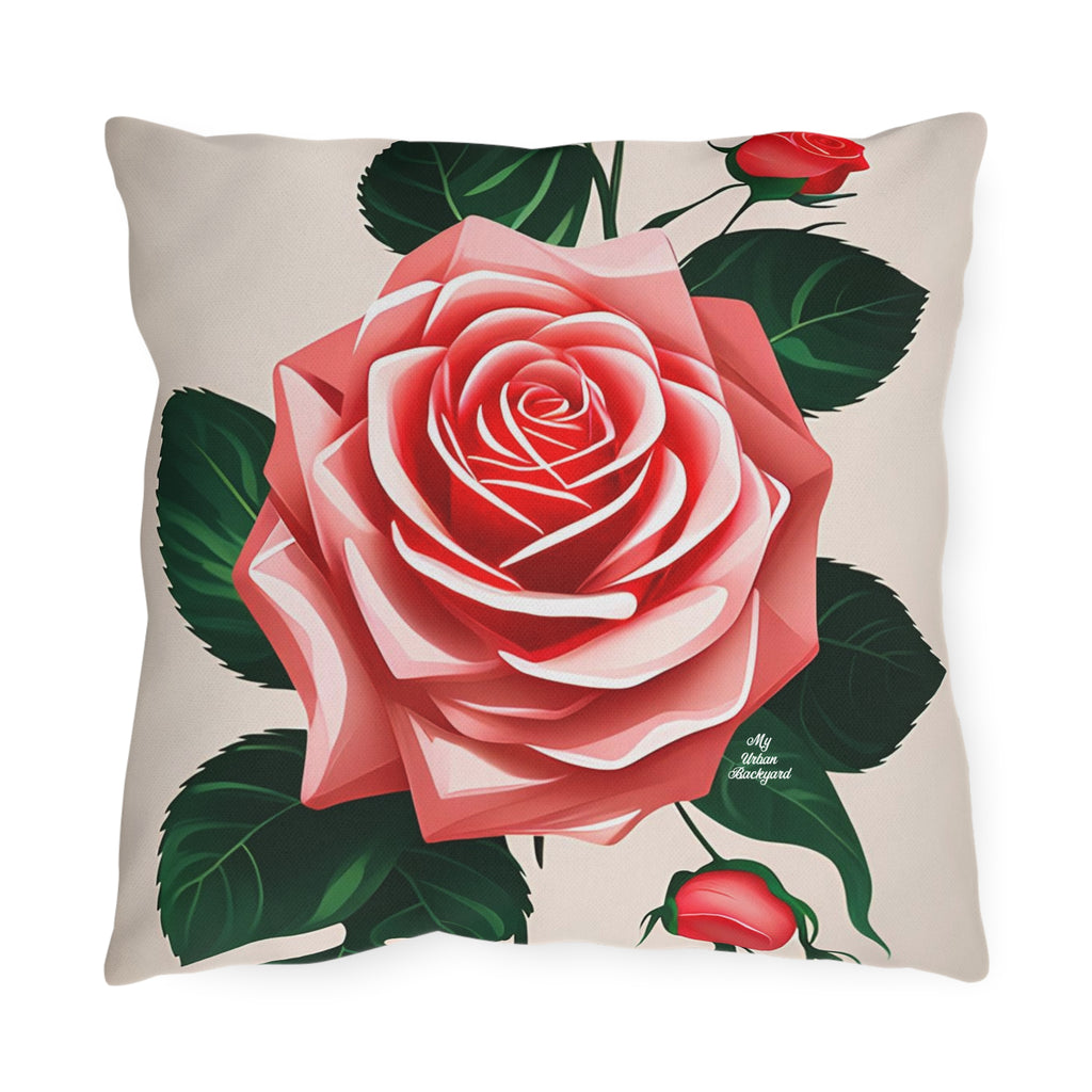 Pink Rose Flowers, Taupe accent color, Throw Pillow, Indoor/Outdoor Decor for Home or Office