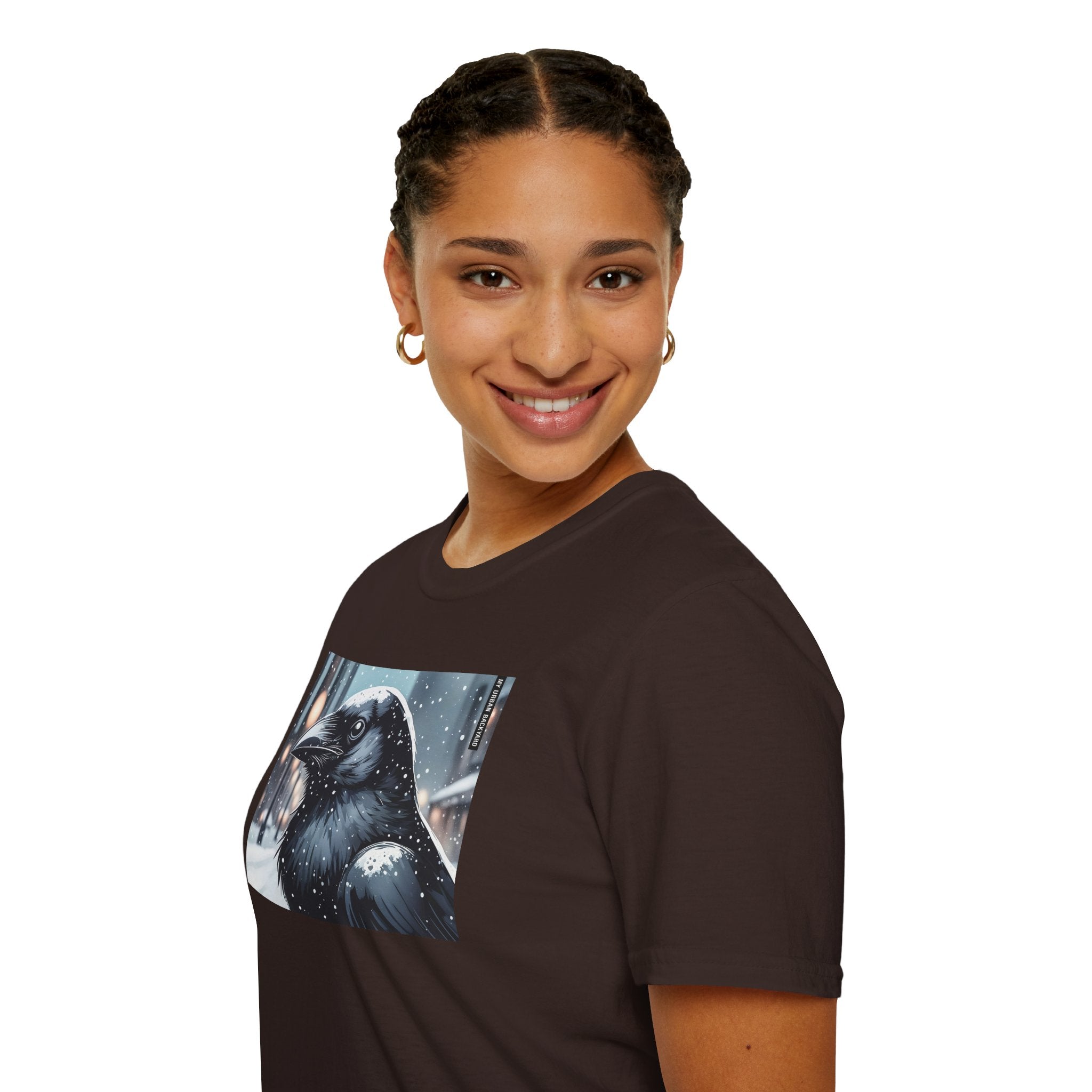 Urban Crow In Falling Snow T-Shirt — Winter Crow Graphic Tee