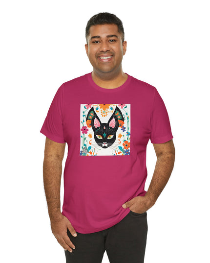 Black Cat w Green Eyes & Flowers, Soft 100% Jersey Cotton T-Shirt, Unisex, Short Sleeve, Retail Fit