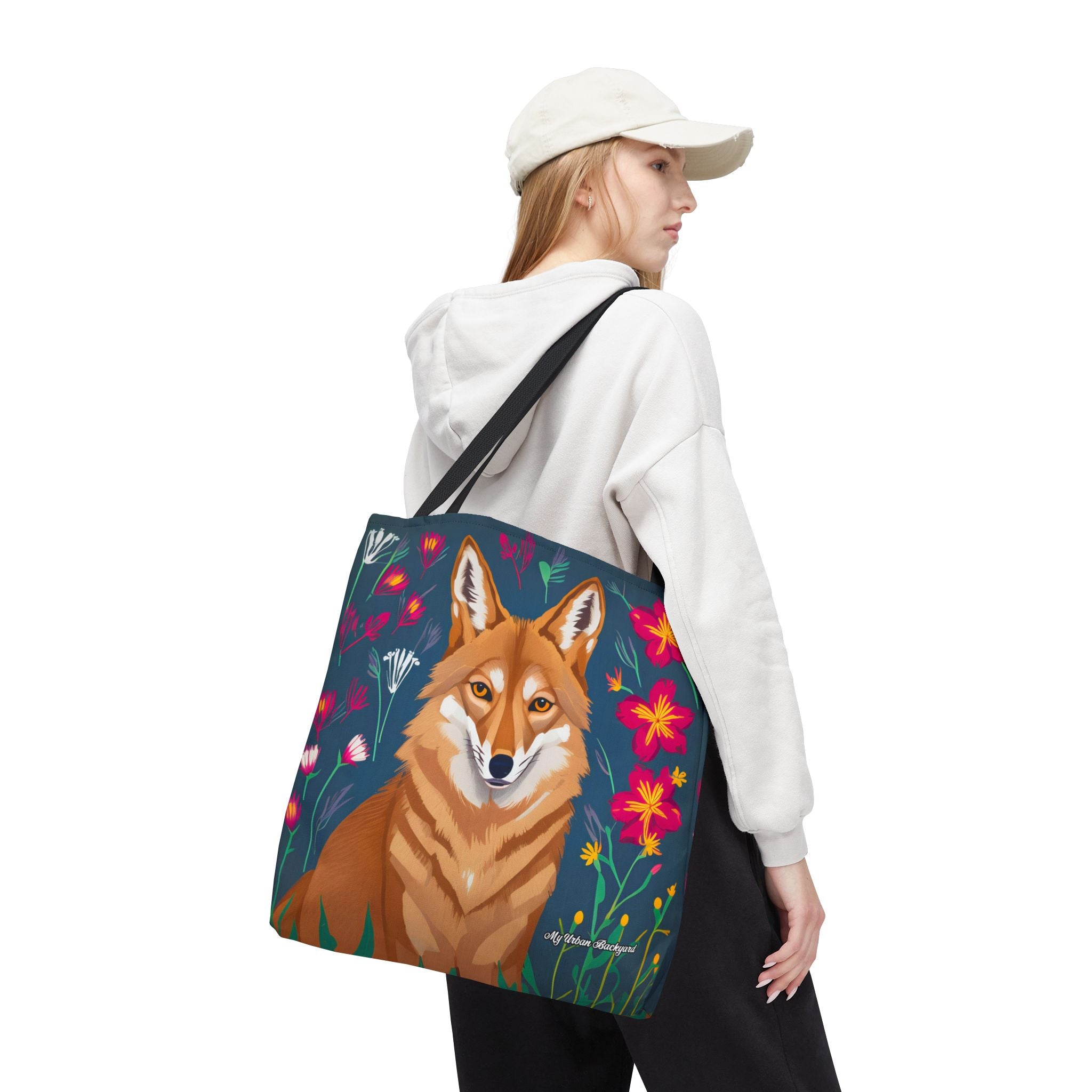 Coyote w Red Flowers Tote Bag with Cotton Handles For Everyday Use, 3 Sizes