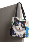 Cat and Blue Flowers, Tote Bag with Cotton Handles