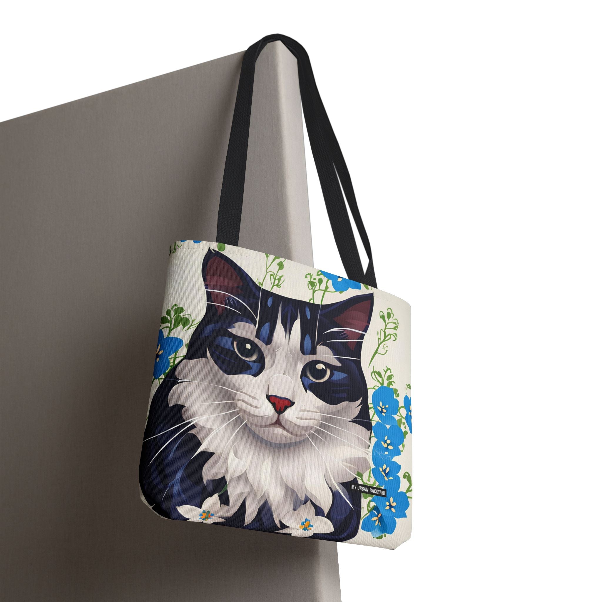 Cat and Blue Flowers, Tote Bag with Cotton Handles