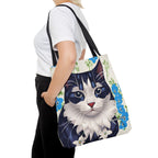 Cat and Blue Flowers Tote Bag with Cotton Handles For Everyday Use, 3 Sizes