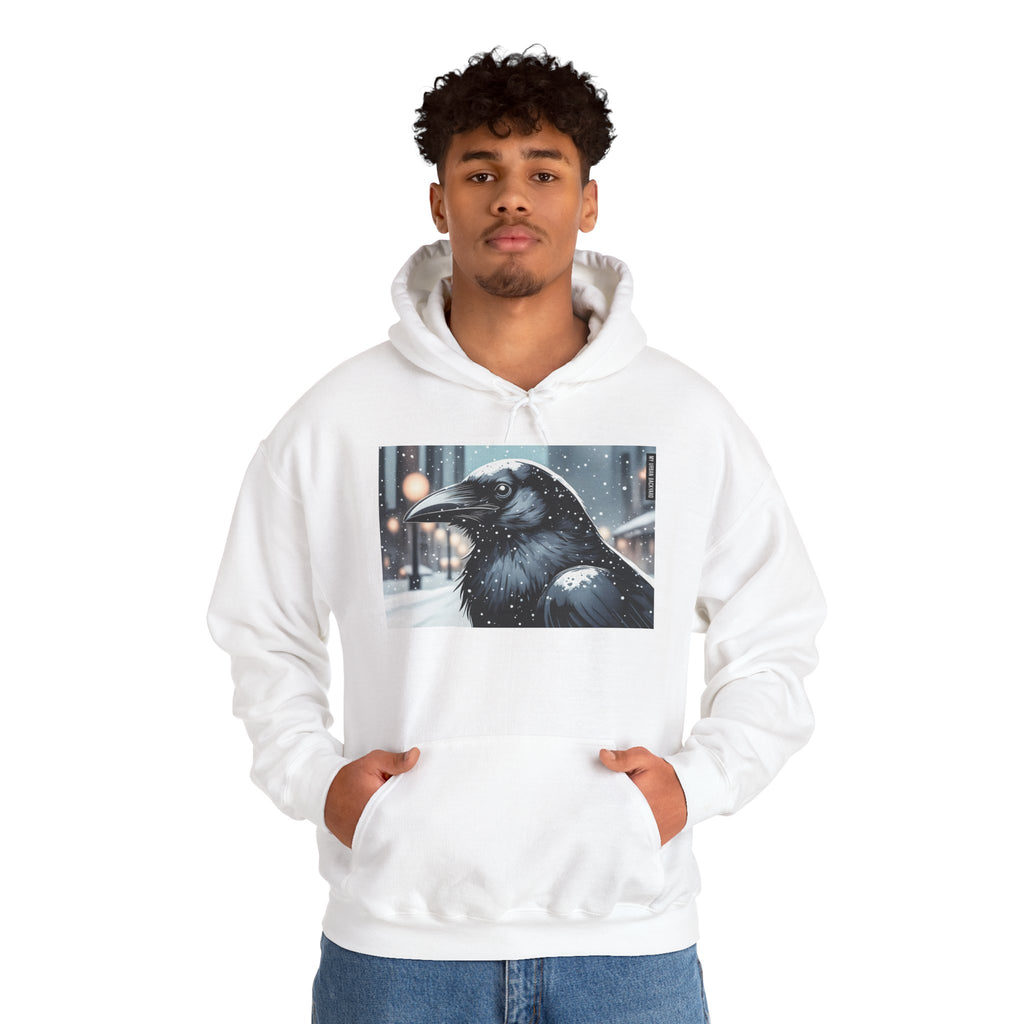 Urban Crow In Falling Snow Hoodie — Comfy Winter Graphic Hoodie