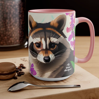 Ceramic Mug for Coffee, Tea, Hot Cocoa. Home/Office, Raccoon w Flowers
