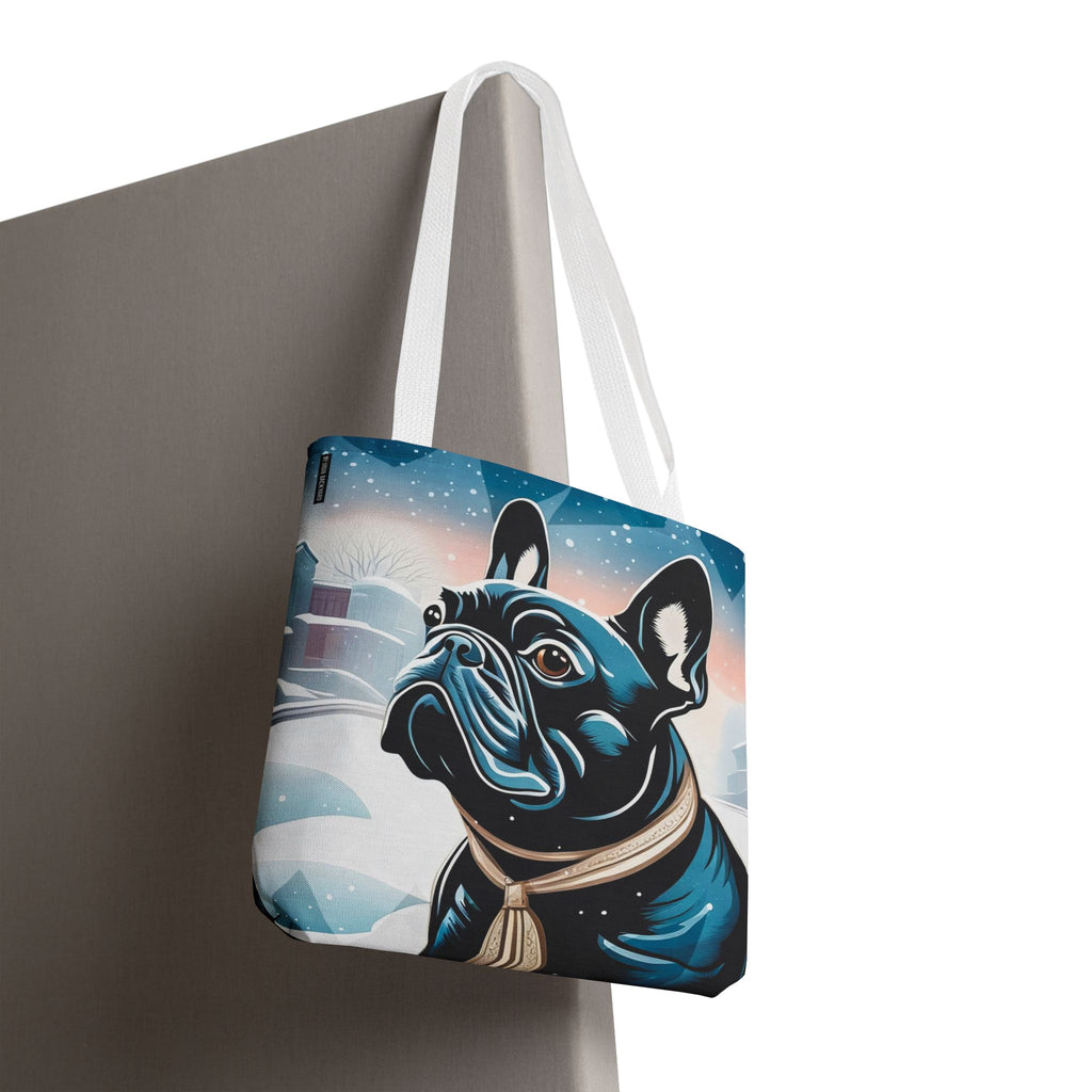French Bulldog Winter Tote Bag — Snowy Pup All-Over Print Tote