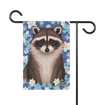 Raccoon in Pale Blue Flowers, Garden Flag for Yard, Patio, Porch, or Work, 12"x18" - Flag only