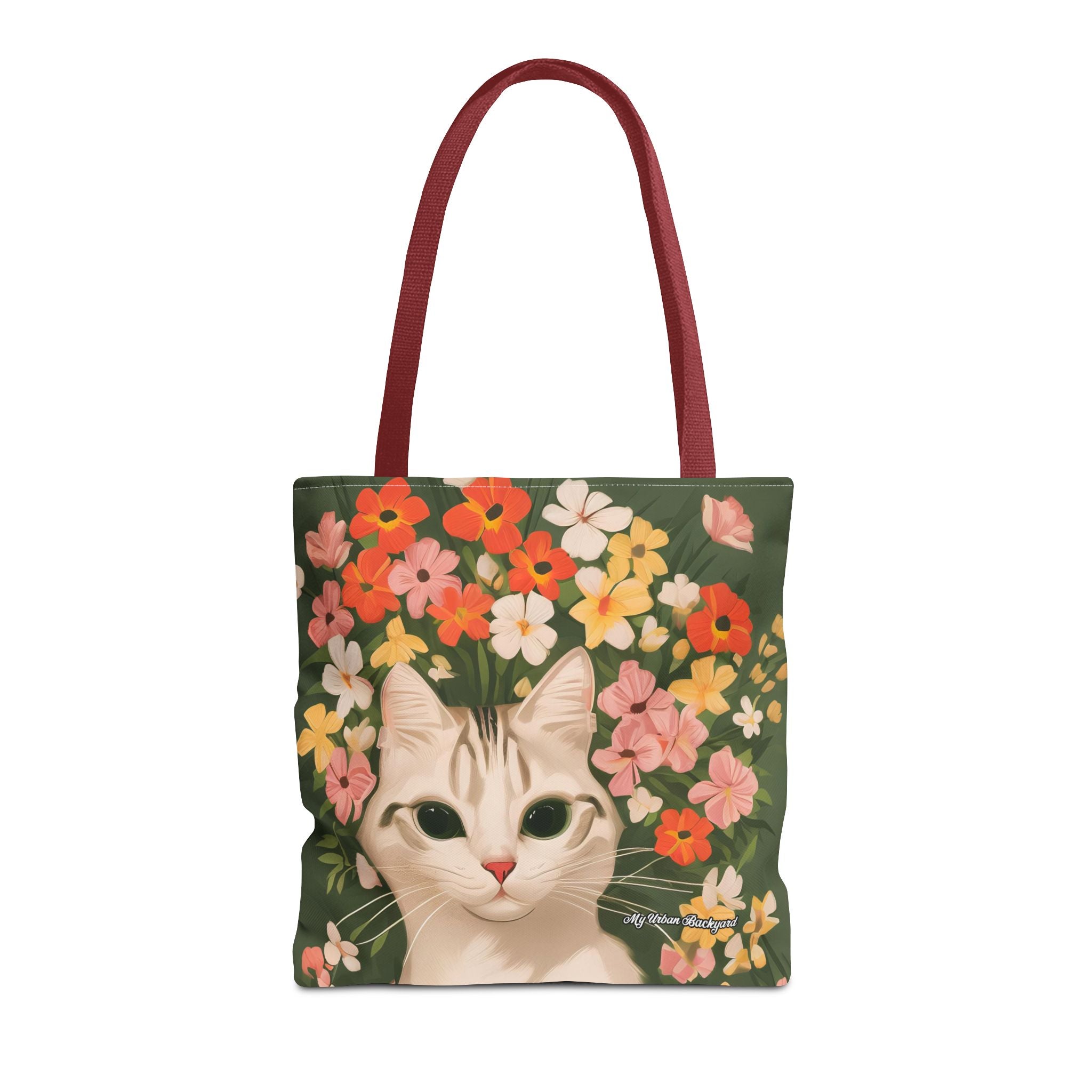 White Cat with Flowers Tote Bag with Cotton Handles For Everyday Use, 3 Sizes