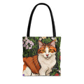 Orange Cat with Flowers, Tote Bag w Cotton Handles