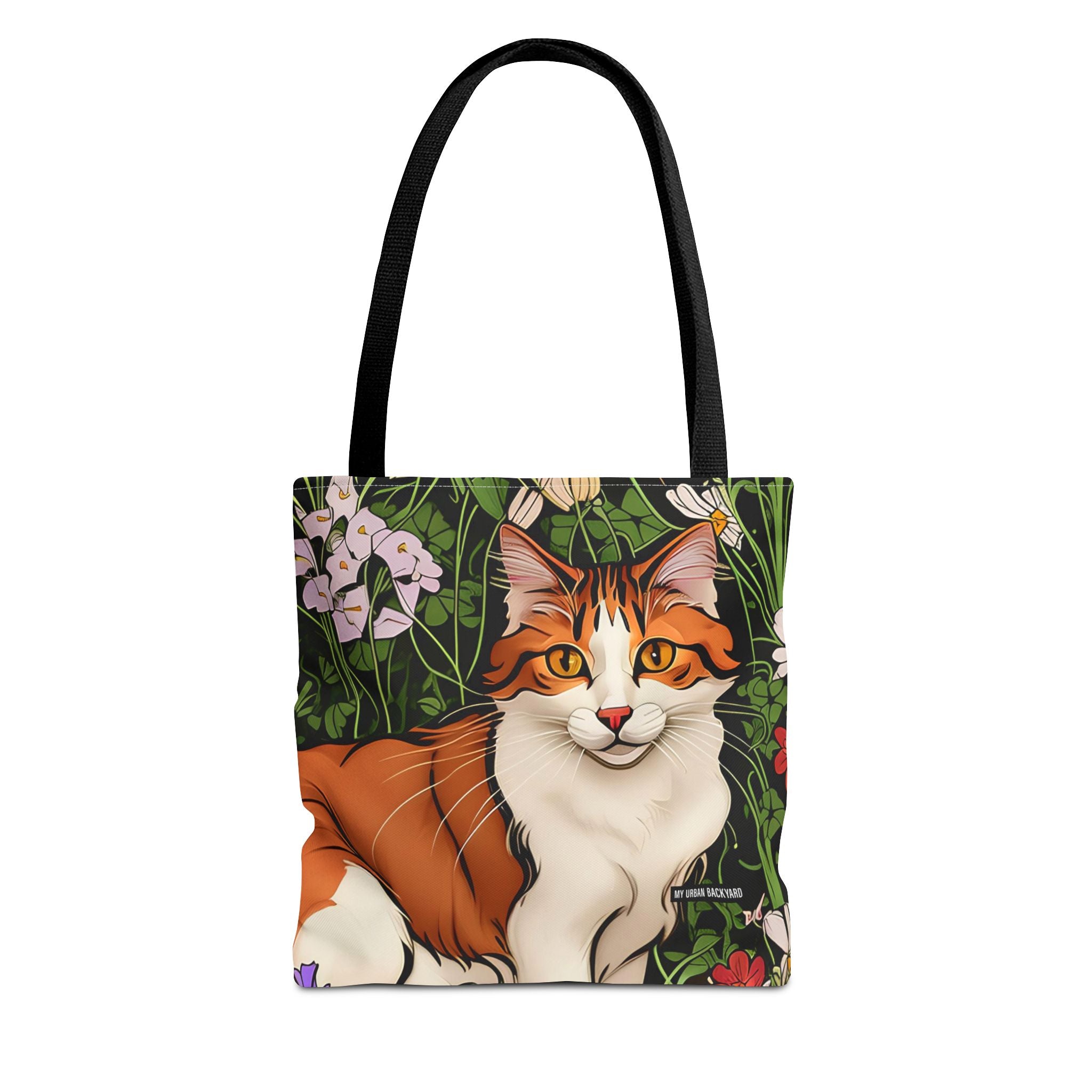 Orange Cat with Flowers, Tote Bag w Cotton Handles