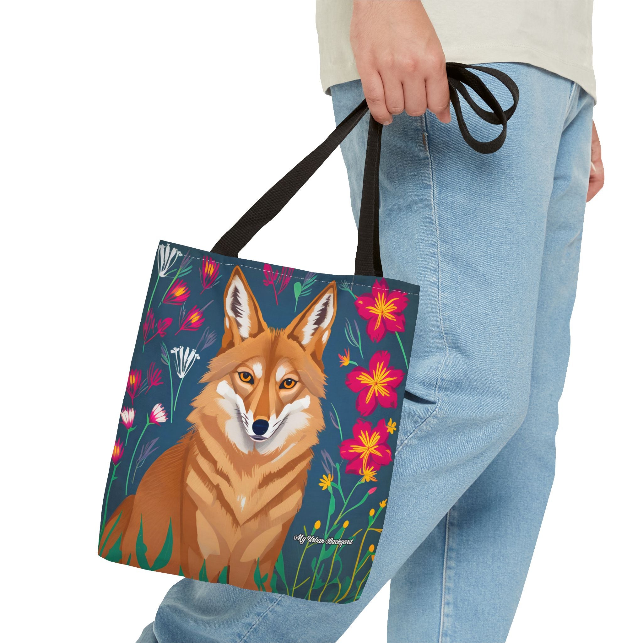 Coyote w Red Flowers Tote Bag with Cotton Handles For Everyday Use, 3 Sizes