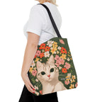 White Cat with Flowers Tote Bag with Cotton Handles For Everyday Use, 3 Sizes