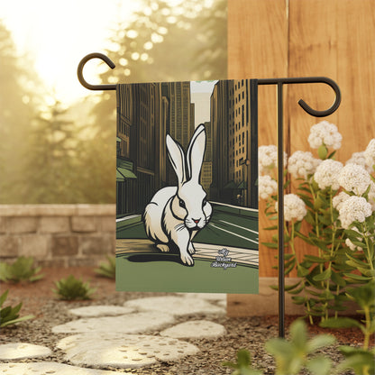 White Rabbit on a City Street, Garden Flag for Yard, Patio, Porch, or Work, 12"x18" - Flag only