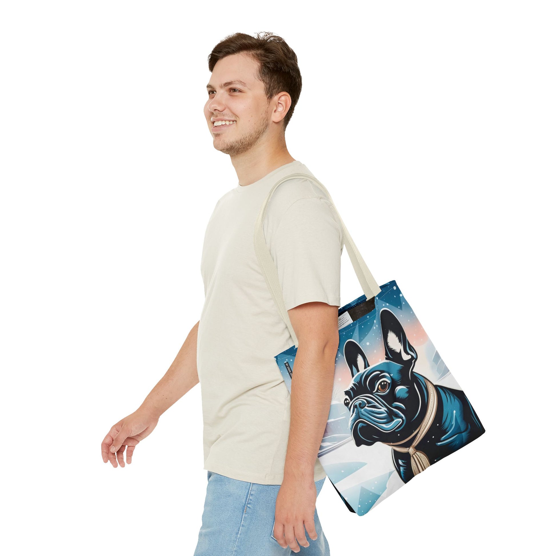 French Bulldog Winter Tote Bag — Snowy Pup All-Over Print Tote