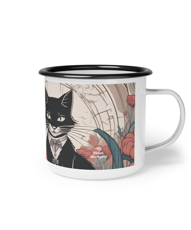 Tuxedo Cat with Flowers, Enamel Camping Mug for Coffee, Tea, Cocoa, or Cereal - 12oz
