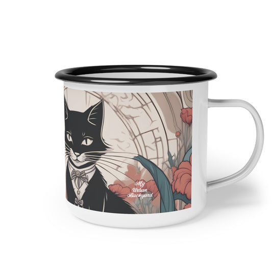 Tuxedo Cat with Flowers, Enamel Camping Mug for Coffee, Tea, Cocoa, or Cereal - 12oz