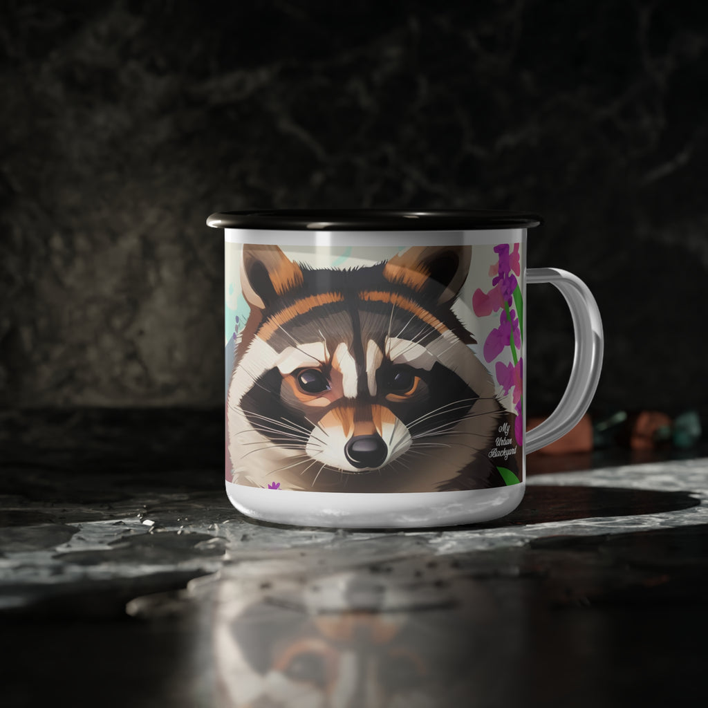 Raccoon with Flowers, Enamel Camping Mug for Coffee, Tea, Cocoa, or Cereal - 12oz