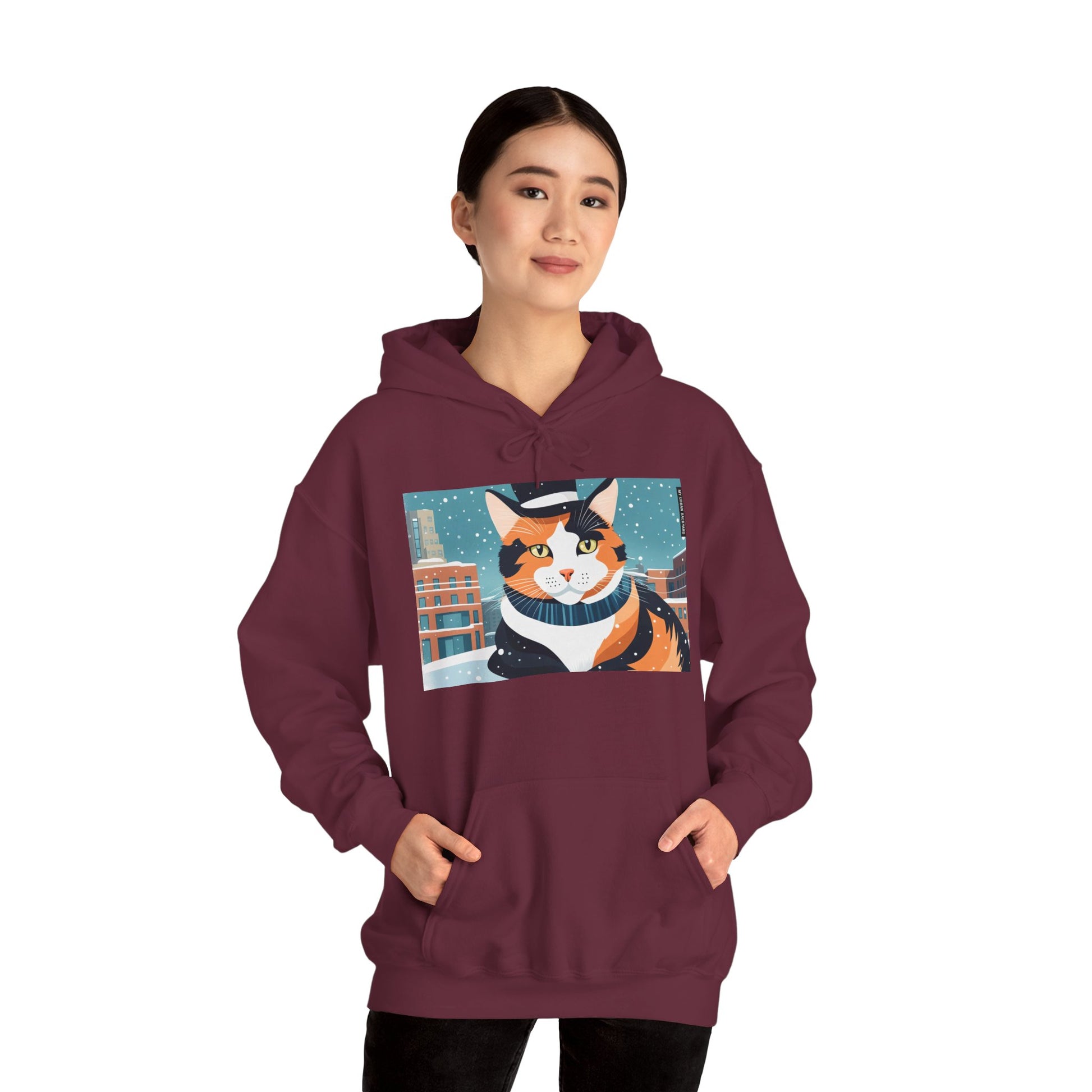 Calico Cat in Snow Hoodie — Cozy Winter Cat Lover Sweatshirt