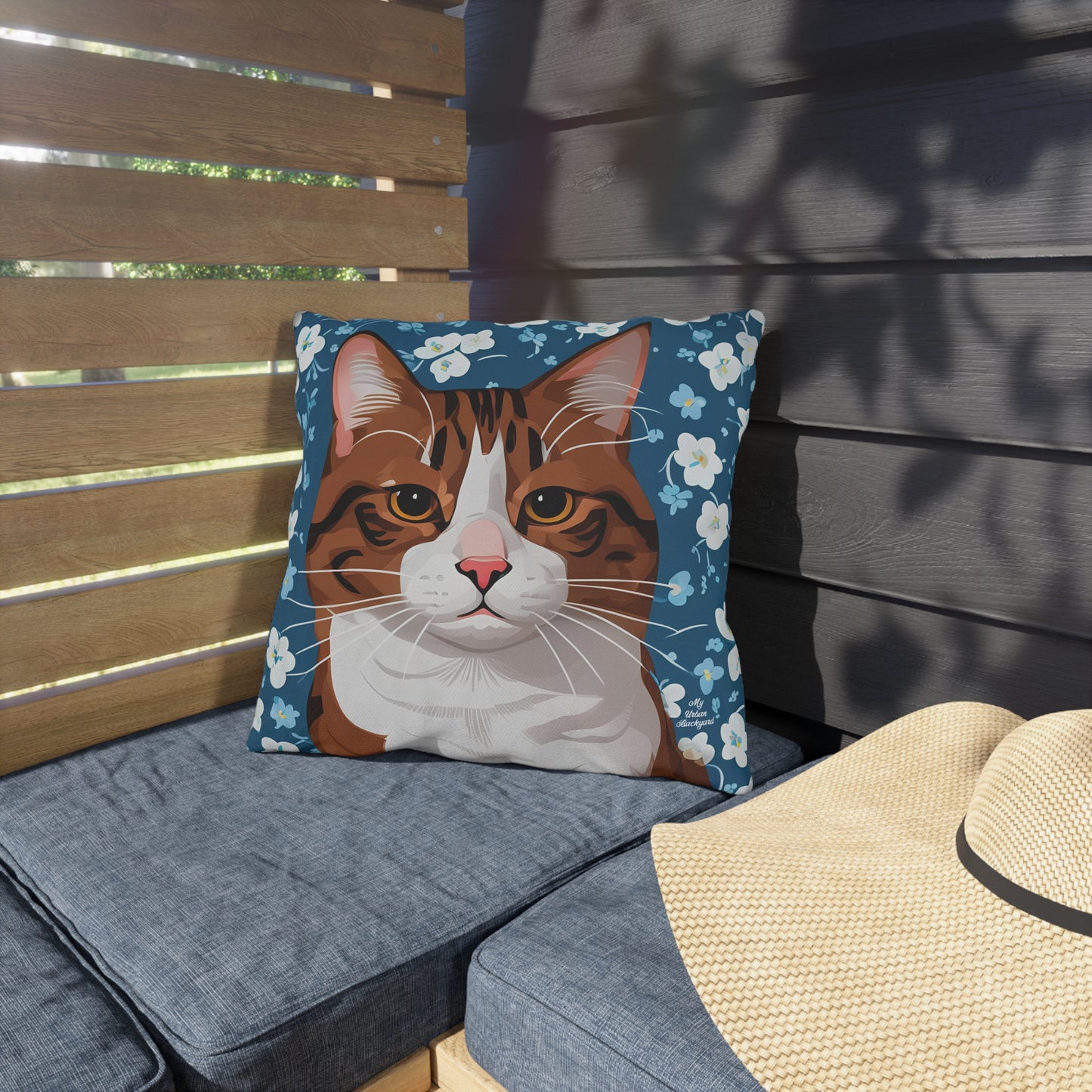 Orange Cat and Flowers, Sable accent color, Indoor/Outdoor Throw Pillow Decor for Patio or Office